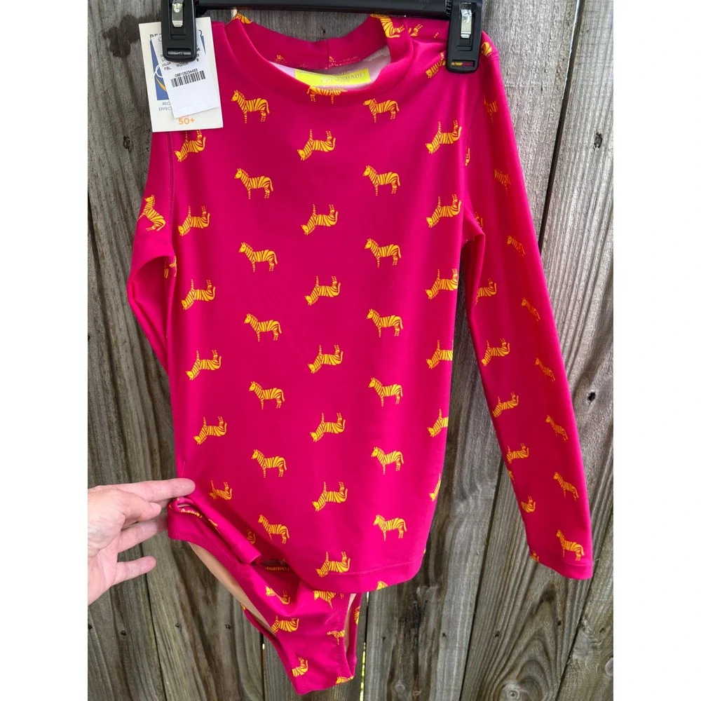 Crewcuts Girls Pink‎ Yellow Zebra Rash Guard Swimsuit Set UPF 50+ K3696 Size 8